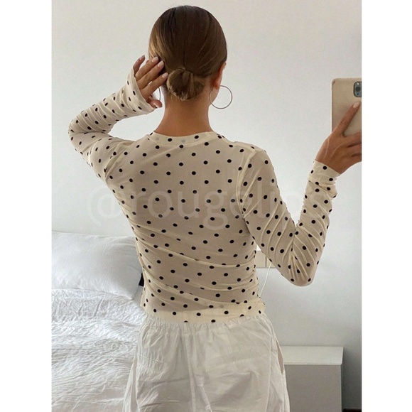Cream Off White Polka Dot Mesh Sheer Long Sleeve Tee Shirt Top - Picture 4 of 13